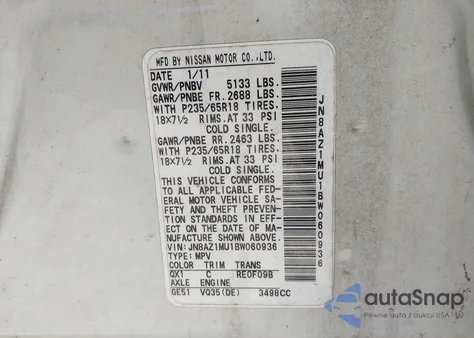 2011 Nissan Murano Sl z USA, uszkodzony, nr VIN JN8AZ1MU1BW060936